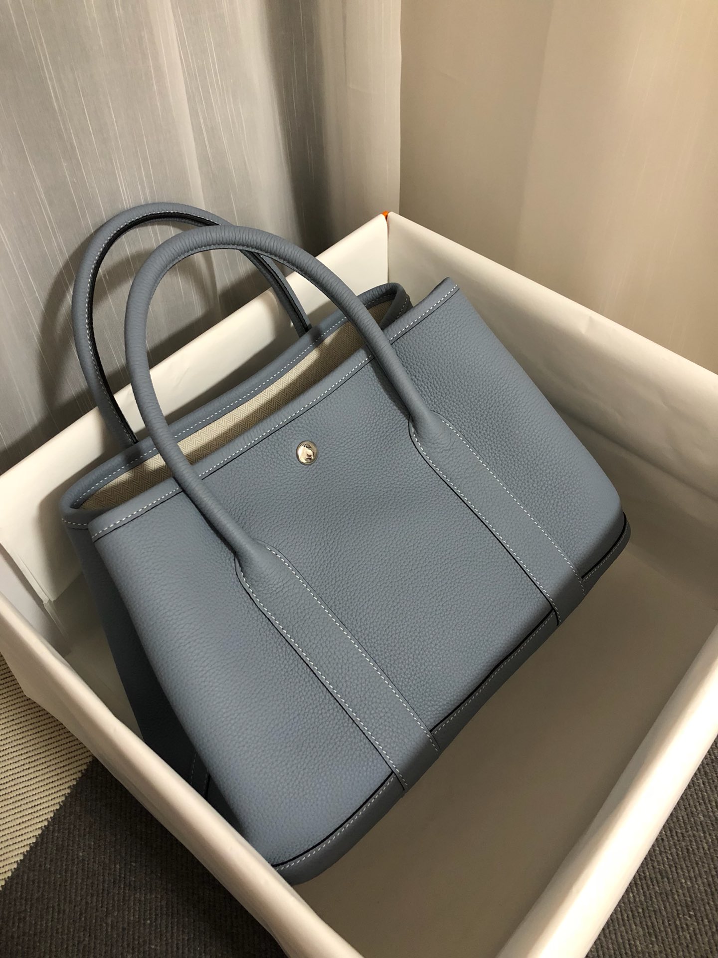 Hermes Garden Party 30cm Tote Handbag In Blue Lin Clemence Leather